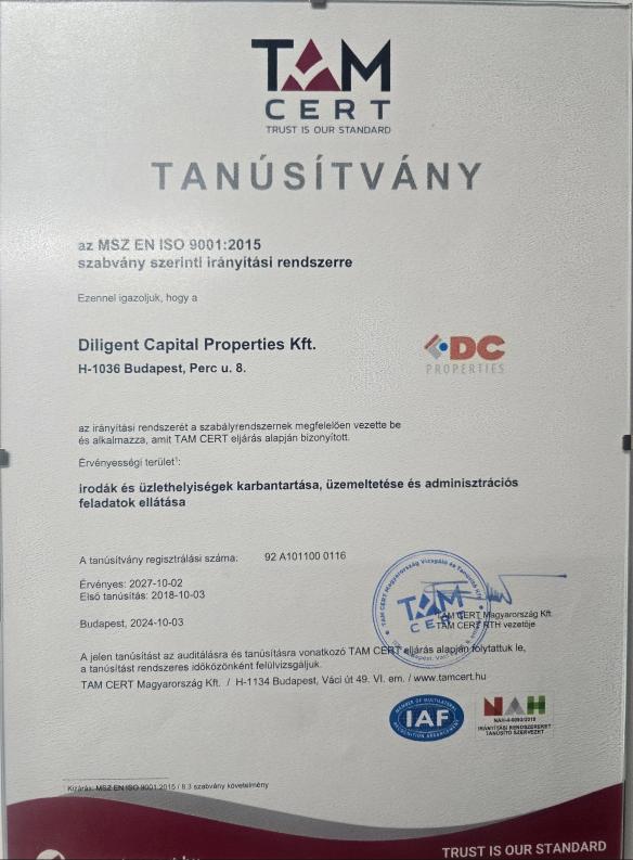 ISO 9001:2015 Minőségirányítási rendszer Tanúsítvány